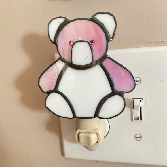 VintageTeddy Bear Stained Glass Night Light  Plug-In  Kids Room Decor  Pink & Wh - Picture 4 of 8